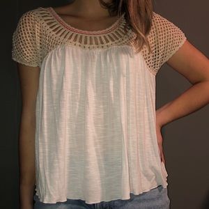 American Eagle White/Pink Top with Crochet Detail